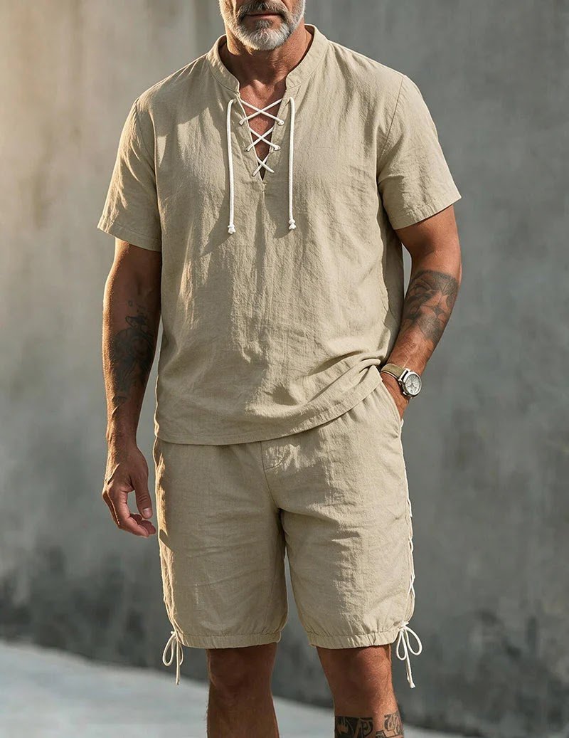 Best Men's Cable-Knit Polo Shirt and Summer Shorts Sets for Smart Casual and Resort Outfits A stylish man standing outdoors wearing an olive-toned BORBOON men's cable-knit short-sleeve polo shirt and matching summer shorts set, showcasing sophisticated smart-casual warm-weather streetwear fashion for the UK and USA.