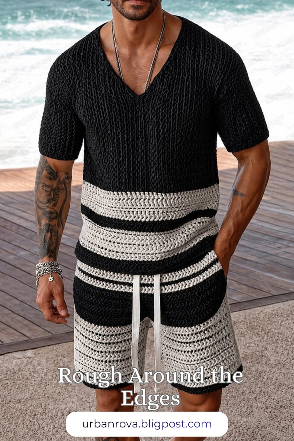 COOFANDY Trendy Breathable Knit Casual Set – Black Summer 2026 Style A stylish man wearing a black COOFANDY knit shirt and shorts set for a modern summer smart casual outfit.