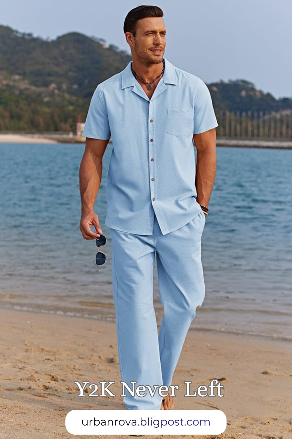COOFANDY Casual Linen-Style Beach Shirt Set – Blue Summer 2026 Style A man wearing a blue COOFANDY linen-style shirt and shorts set for a relaxed, smart casual summer look.