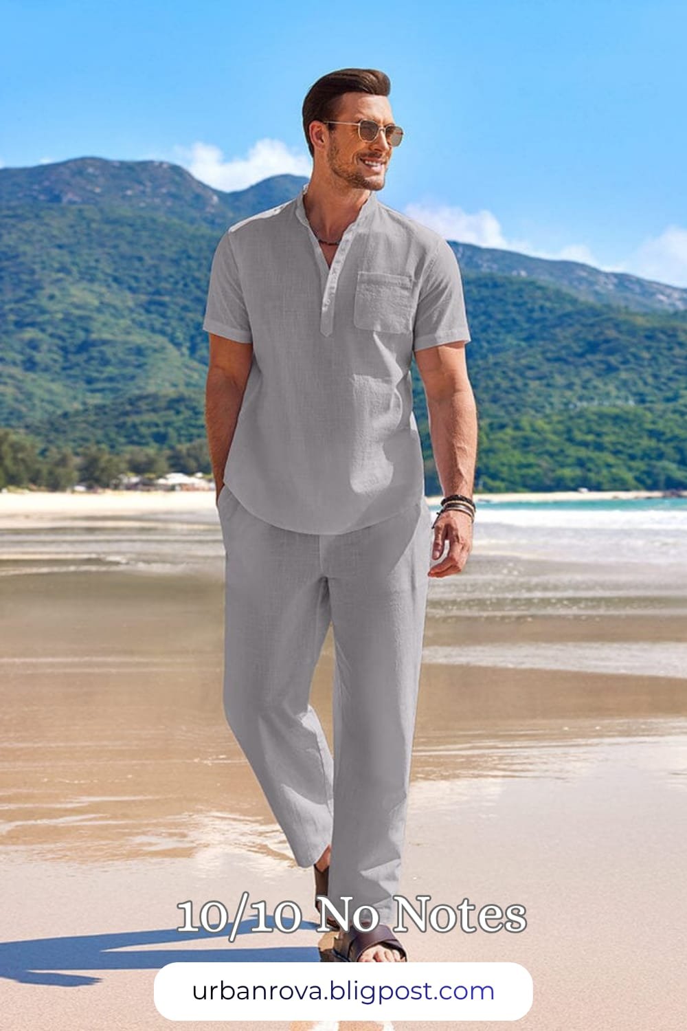 COOFANDY Casual Beach Cotton Linen Set – White Summer 2026 Style A man wearing a white COOFANDY cotton linen shirt and shorts set for a relaxed, smart casual summer look.