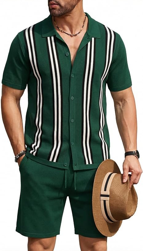 COOFANDY Men's 2 Piece Vintage Knit Polo Shirt & Shorts Set | Summer Vacation Beach Outfit COOFANDY Mens 2 Piece Vintage Knit Short Sleeve Polo Shirt and Beach Shorts Set in green stripes for summer vacation