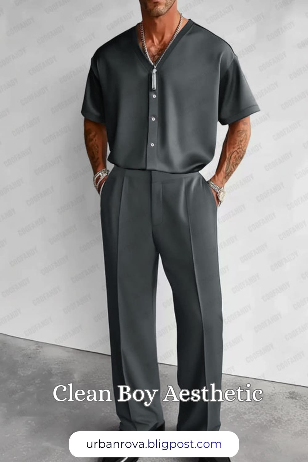 COOFANDY Modern Relaxed Fit Shirt & Pants Set – Summer 2026 Style A stylish man wearing a COOFANDY modern relaxed fit shirt and trousers set for an elegant summer smart casual look.