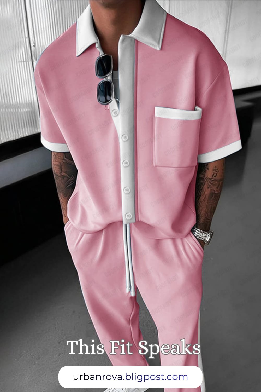 COOFANDY Trendy Color-Block 2-Piece Outfit – Summer 2026 Style A man wearing a stylish pink and white COOFANDY color-block shirt and shorts set for a trendy summer smart casual look.