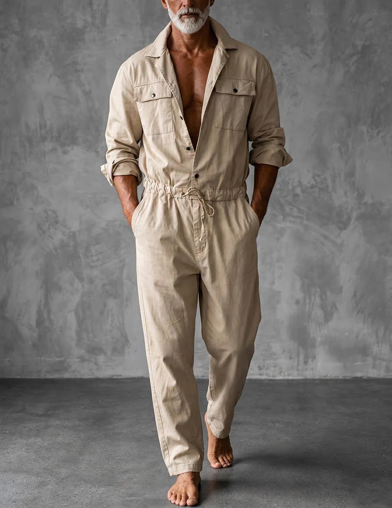 Best Men's 100% Cotton Drawstring Utility Jumpsuit and Long Sleeve Cargo Romper Outfits in the UK and USA A stylish man standing outdoors wearing a beige Ekouaer men's 100% cotton drawstring utility jumpsuit and long-sleeve cargo romper, showcasing bold utilitarian streetwear and adventurous fashion for the UK and USA.