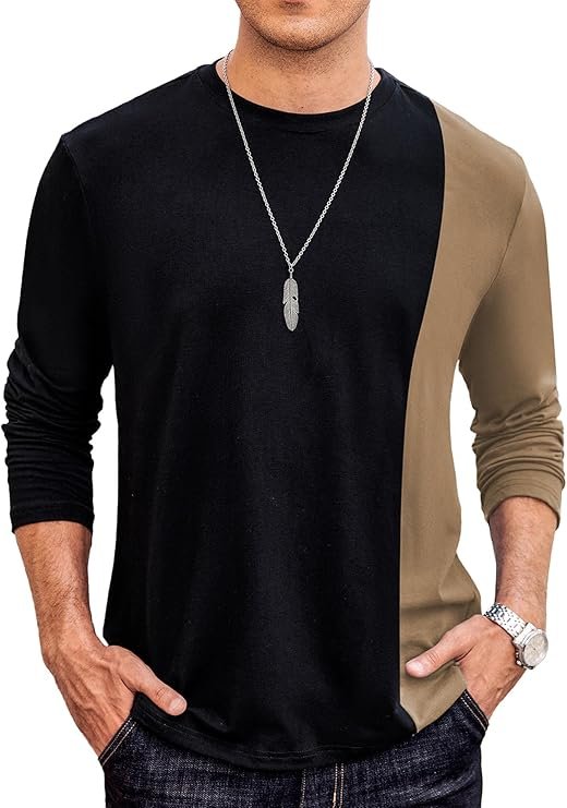 Hardaddy Men's Long Sleeve Contrast Color Block T-Shirt Man wearing a Hardaddy long sleeve color block t-shirt featuring a khaki and black contrast design.