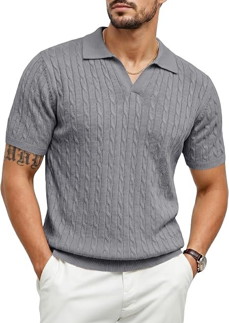 JMIERR Men's Short Sleeve Cable Knit Wool Blend Polo Shirt Man wearing a grey JMIERR short-sleeve cable knit polo wool blend shirt paired with white trousers.