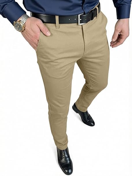 JMIERR Men's Slim Fit Stretch Dress Pants and Tapered Trousers Man wearing JMIERR khaki slim-fit stretch dress pants paired with a dark blue button-down shirt and black belt.