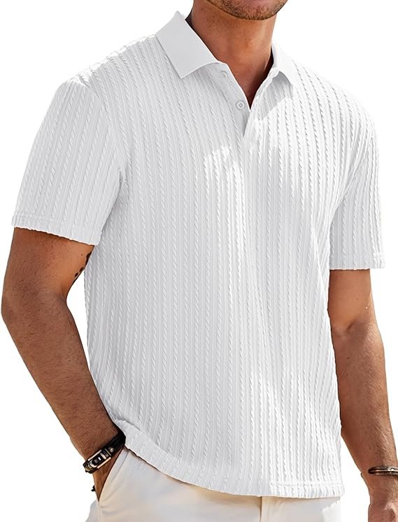 Men's White Knit Vacation Polo Shirt 2026 Product shot of a stylish man wearing a JMIERR white knit short-sleeve polo shirt with a textured stretch fabric, styled for a luxury summer beach vacation in the US and UK.