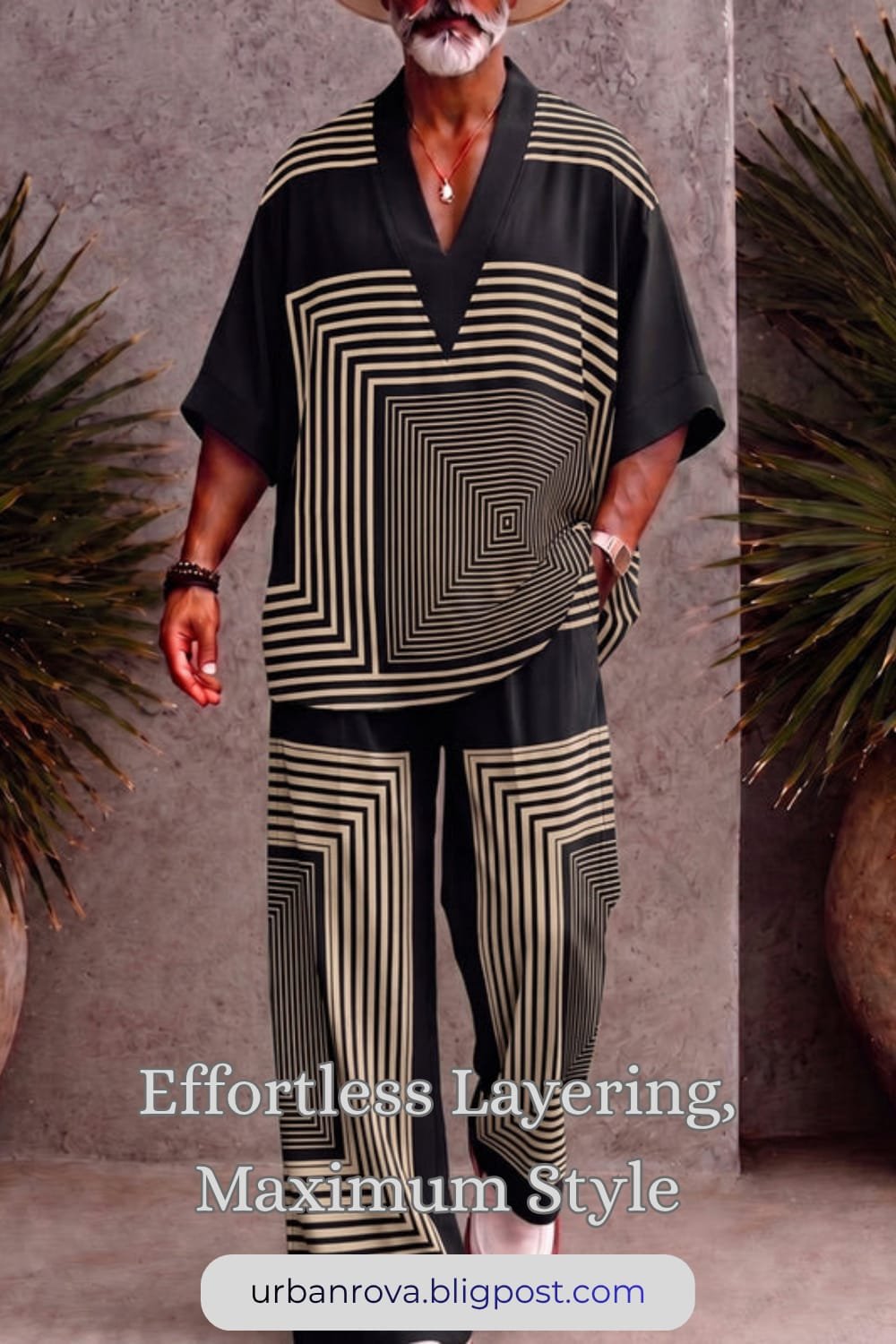 Effortless Bohemian: Men’s Black Printed V-Neck Set Model wearing a comfortable black loose printed V-neck top and pants set for men's summer vacation