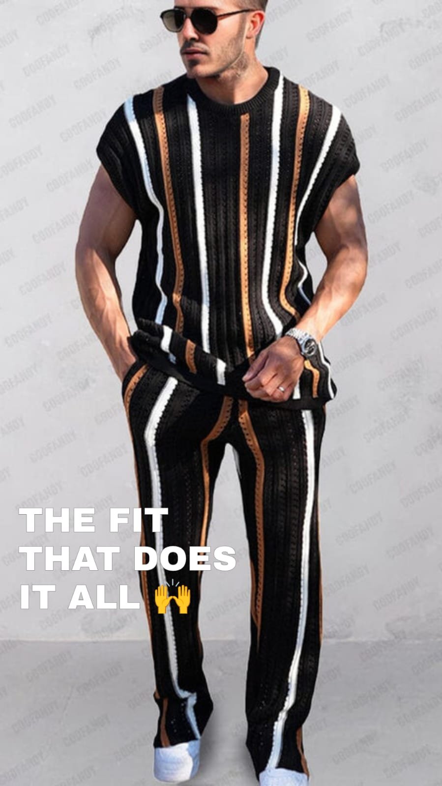Trendy Black Striped Openwork Knit Co-ord Set for Men Stylish men's black striped openwork knit summer co-ord set 2026