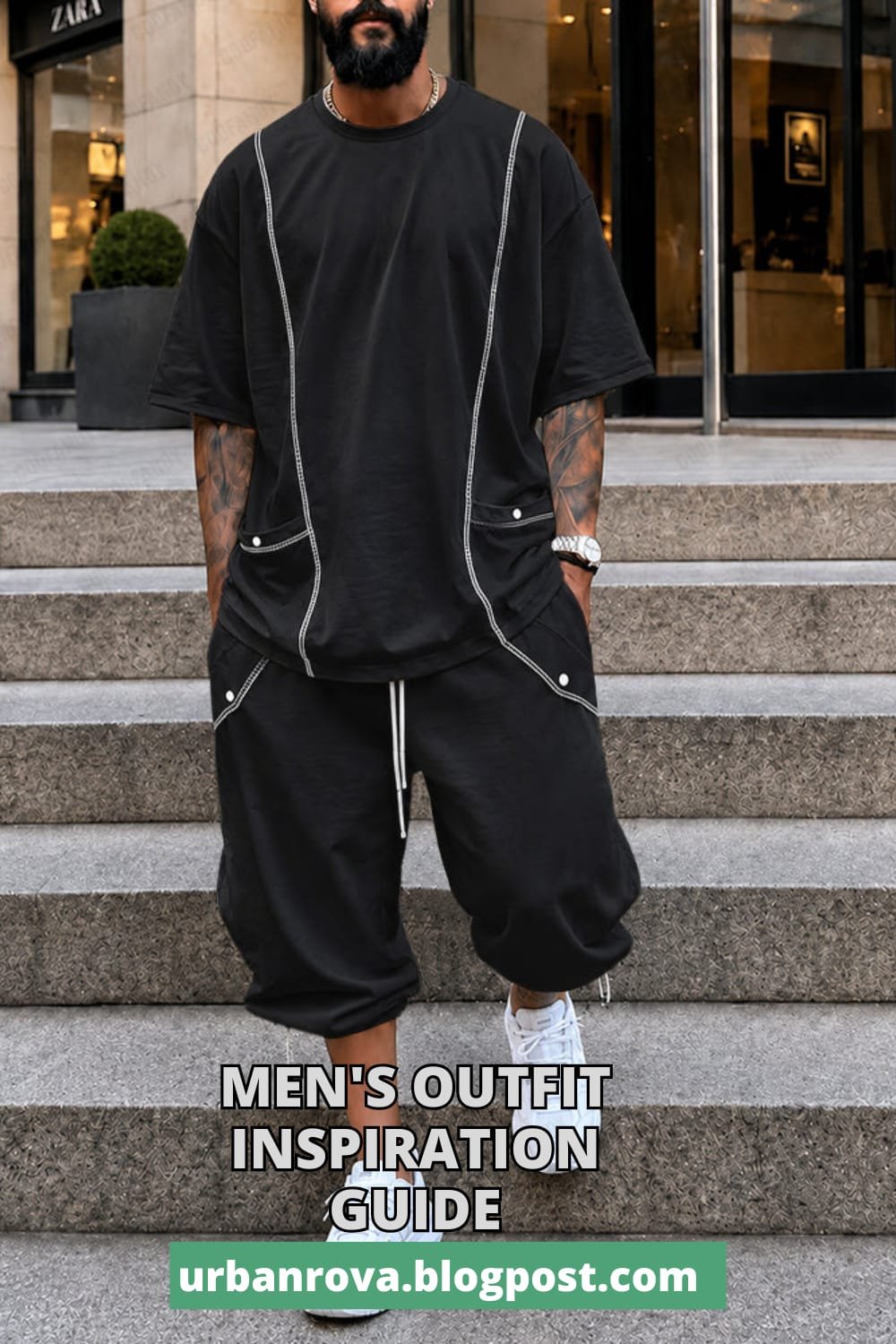 Stylish Contrast Seam Co-ord Set for Men Men's casual loose fit contrast seam t-shirt and pants matching set