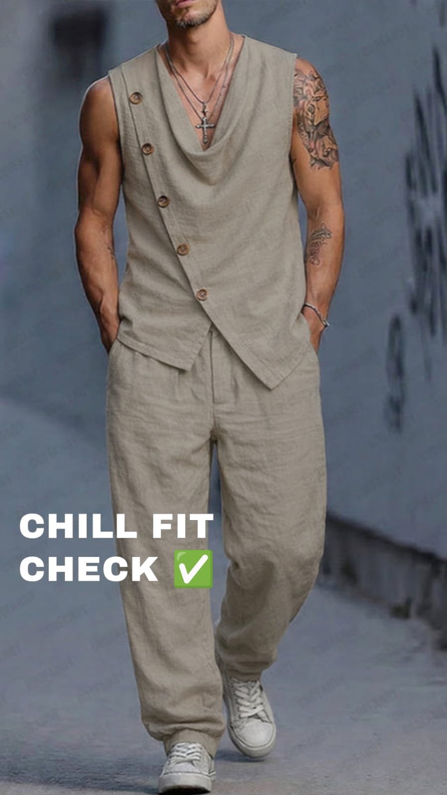 Comfortable Men's Khaki Cowl Neck Co-ord Set Stylish men's khaki cotton cowl neck co-ord set for summer 2026