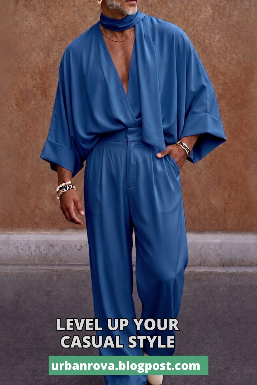 Luxe Resort Draped Two-Piece Set with Scarf Stylish men's blue luxe resort draped co-ord set with scarf 2026