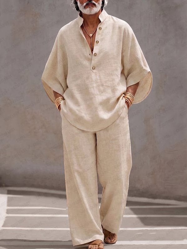 Men's Breathable Cotton Co-ord Set Men's minimalist 100% cotton batwing sleeve shirt and pants co-ord set for summer