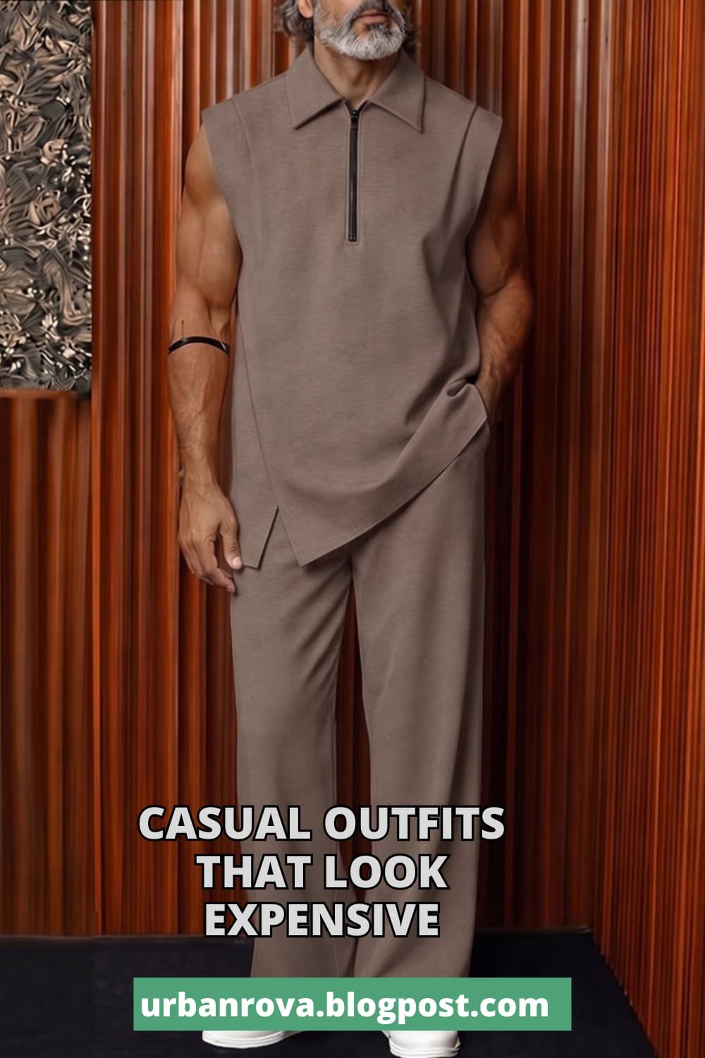 Minimalist Designer Sleeveless Co-ord Set for Men Stylish men's minimalist khaki sleeveless co-ord set for summer 2026