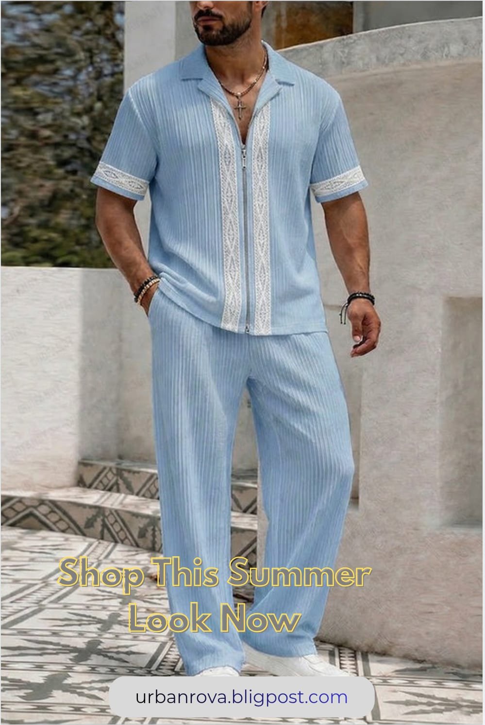 COOFANDY Resort Casual Lace Patchwork Shirt & Pants Set | Summer Vacation Outfit COOFANDY Resort Casual Lace Patchwork Shirt Pants Set in light blue for summer vacation and beach travel