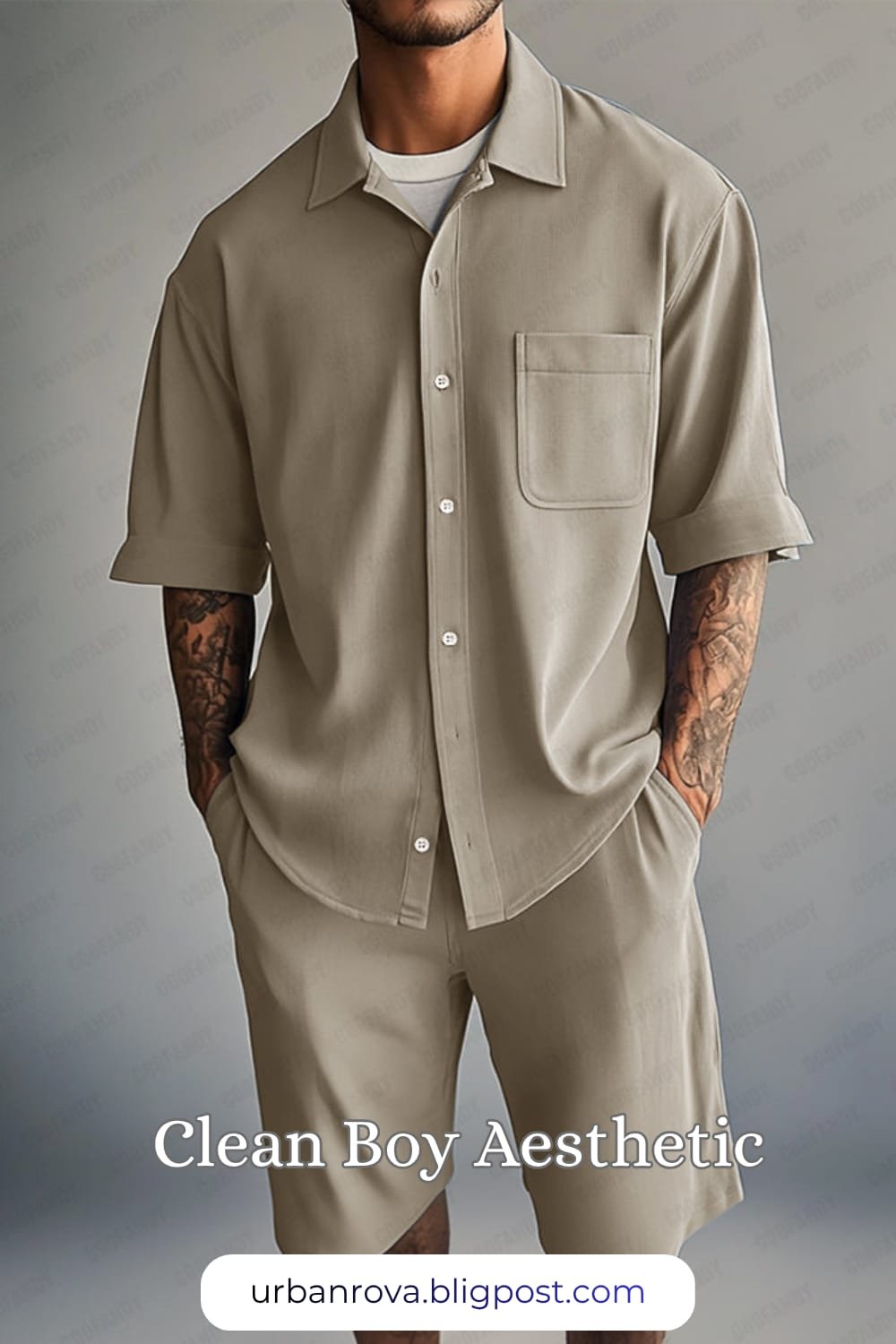 COOFANDY Essential Relaxed Fit Shirt & Shorts Set – Summer 2026 Style A man wearing a comfortable beige COOFANDY relaxed fit linen shirt and matching shorts for a smart casual summer look.
