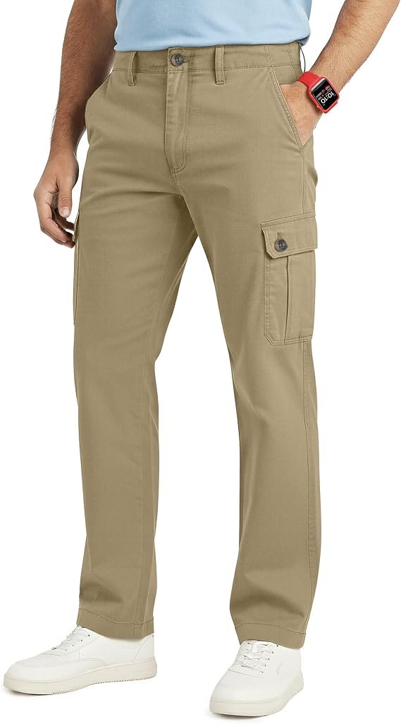 Men's Stretch Casual Cargo Utility Pants for Travel 2026 Product view of NY Threads men's relaxed-fit casual cargo pants in dark khaki featuring multiple utility pockets, styled for outdoor vacation travel and hiking.