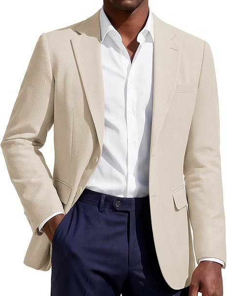 Men's Lightweight Casual Linen Blend Sport Coat Blazer 2026 Product shot of a man wearing a PJ PAUL JONES apricot lightweight linen blend casual sport coat blazer, styled for a summer vacation evening and warm-weather travel.