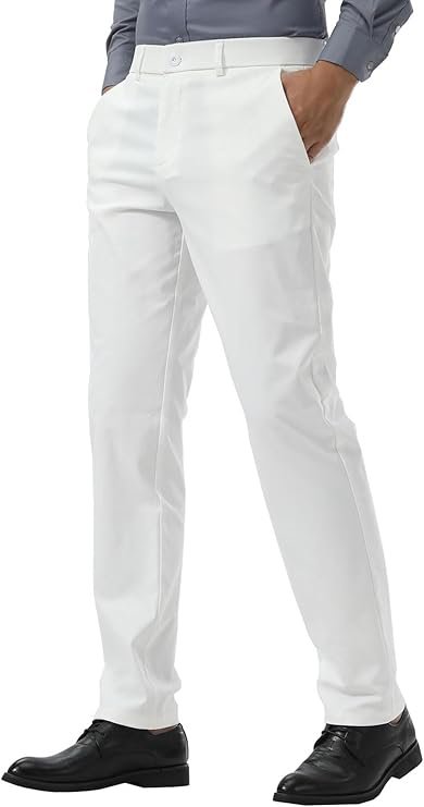Plaid&Plain Men's Slim Fit Stretch Dress Pants Professional model wearing Plaid&Plain white slim fit stretch dress pants paired with a button-down shirt.
