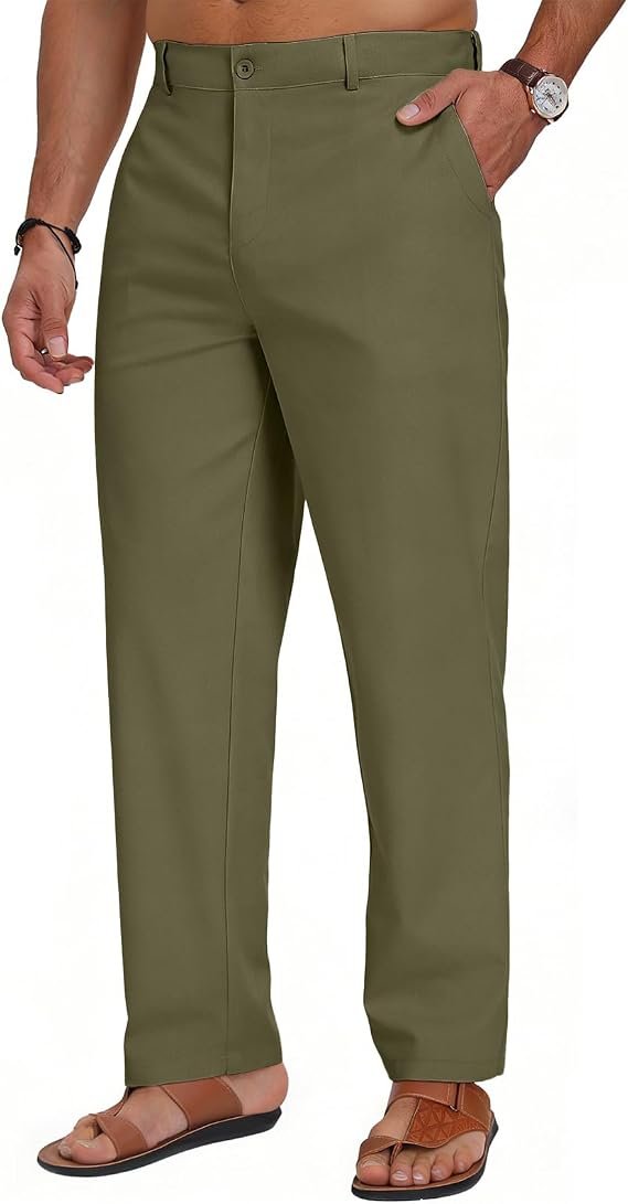 Men's Lightweight Cotton Linen Beach Trousers 2026 Product shot of a stylish man wearing beige casual cotton linen loose-fit summer trousers, styled for a relaxed beach vacation and warm-weather travel in the US and UK.
