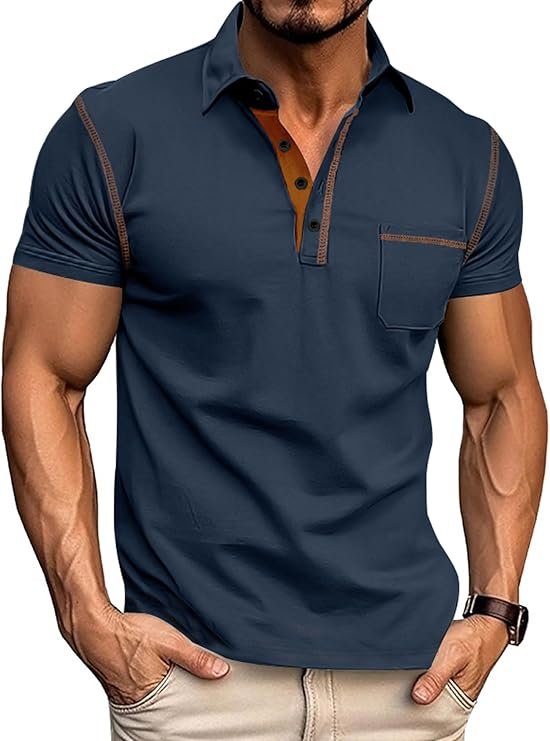 Man wearing a QOSOQ navy blue short sleeve lightweight V-neck golf polo shirt with a front pocket. Men's Short Sleeve V-Neck Golf Polo Shirt