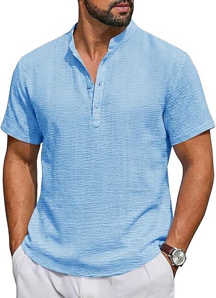 Runcati Men's Casual Short Sleeve Band Collar Textured Henley Shirt | Summer Beach Tee Runcati Mens Casual Short Sleeve Band Collar Textured Henley Shirt in sky blue for summer beach and vacation wear