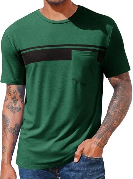 Runcati Men's Short Sleeve Crewneck Graphic Tee with Pocket Man wearing a dark green Runcati short sleeve crewneck t-shirt with a striped chest pocket detail.