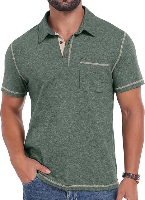 Sailwind Men's Short Sleeve Collared Golf Polo Shirt Man wearing a green Sailwind short sleeve collared polo shirt with a front pocket.