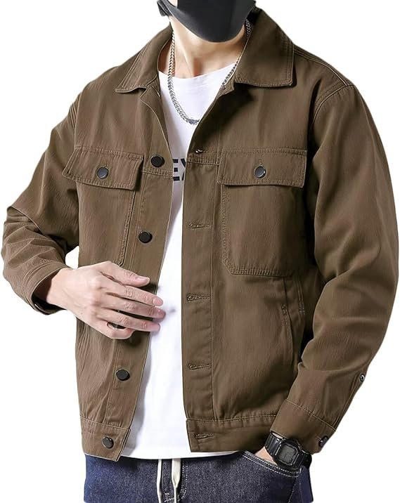 SANGTREE Men's Lightweight Cotton Trucker Jacket Man wearing a brown SANGTREE men's cotton trucker jacket with a crisp lapel collar and chest pockets.