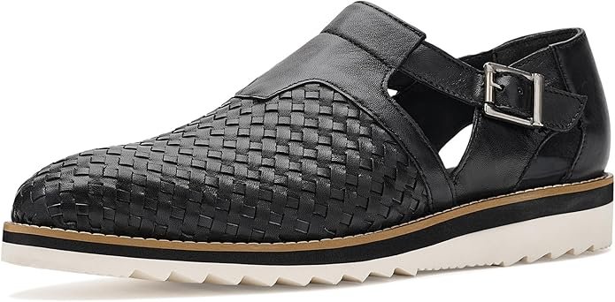 Men's Woven Leather Fisherman Sandals for Vacation 2026 Product shot of Stacy Adams Men's Alvarado black woven leather buckle fisherman sandals with a cushioned wedge sole, styled for summer beach vacations and warm-weather travel in the US and UK.