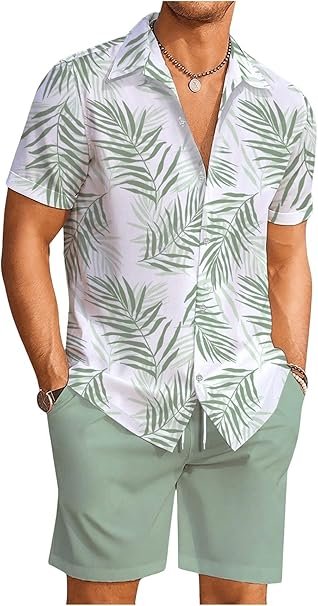 Men's Tropical Print Hawaiian Summer Beach Vacation Set 2026 Product shot of a man wearing a mint green tropical leaf print short-sleeve button-down shirt and matching shorts set, styled for a summer beach vacation.