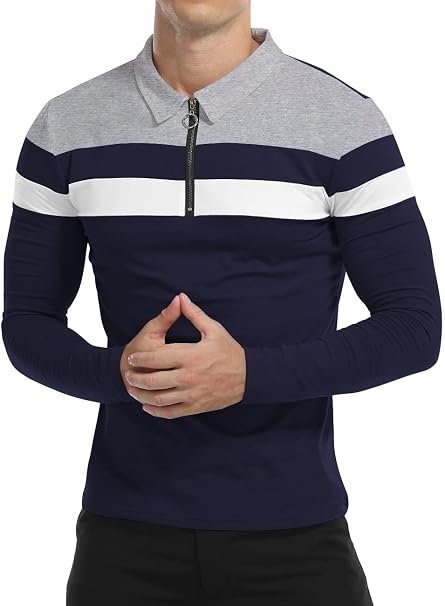YTD Men's Long Sleeve Quarter-Zip Casual Slim Fit Polo Shirt Man wearing a YTD long sleeve navy blue and grey color block quarter-zip polo shirt with a lapel collar.