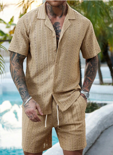 COOFANDY Men's Relaxed Hollow-Out Knit Resort Two-Piece Set | Summer Vacation Outfit COOFANDY Mens Relaxed Hollow-Out Knit Resort Two-Piece Set in apricot for summer vacation and beach travel