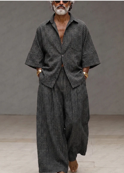 COOFANDY Men's Vintage Loose Plaid Shirt & Wide-Leg Pants Set | Summer Resort Outfit COOFANDY Mens Vintage Loose Plaid Shirt and Wide Leg Pants Set in dark gray for summer vacation and resort wear