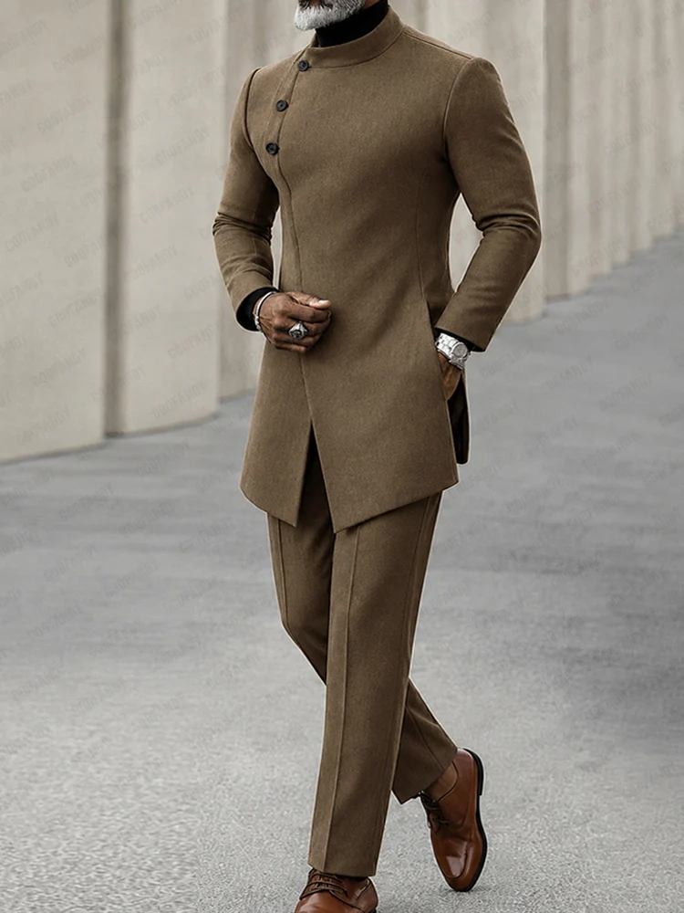 A sophisticated fashion model wearing a brown Minimalist Style Diagonal Placket Jacket Set from Coofandy, featuring a unique diagonal button placket and mandarin collar, highlighting a sharp men's Streetwear Style outfit for smart-casual occasions.