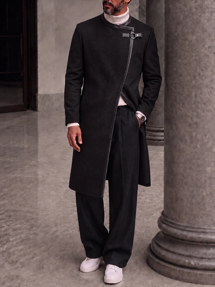 A sophisticated fashion model wearing a black Modern Minimalist Suede Style Matching Set from Coofandy, featuring an asymmetric coat design and buckle strap detail, highlighting a luxurious men's Streetwear Style outfit for evening wear.
