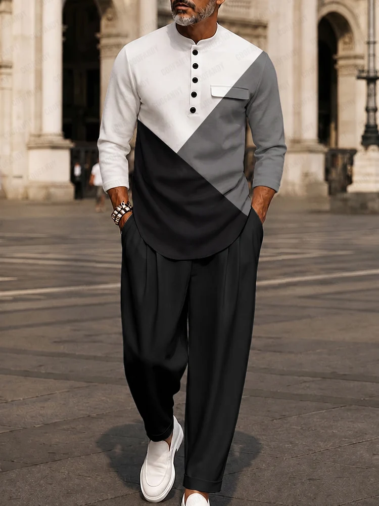 A fashion model wearing a gray Modern Relaxed Fit Colorblock Shirt Set from Coofandy, featuring a striking diagonal colorblock pattern and a buttoned shirt collar, highlighting a sharp men's Streetwear Style outfit for urban daily wear.