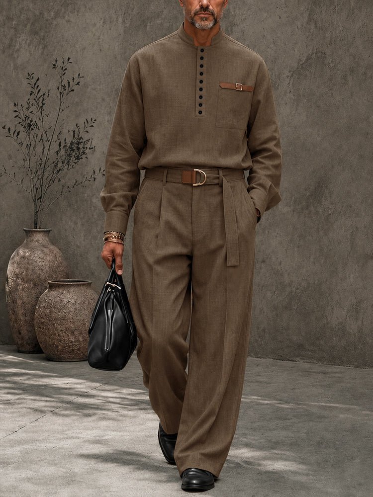 A fashion model wearing a brown Modern Retro Half-Button Suit Shirt Pants Set from Coofandy, featuring a half-button placket, leather-accented chest pocket, and built-in belt trousers, highlighting an upscale men's Streetwear Style outfit for urban daily wear.