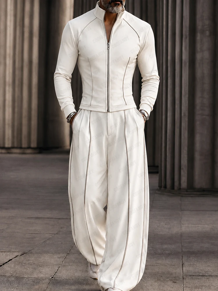 A fashion model wearing a white Modern Tailored Waist Jacket & Pants Set from Coofandy, featuring contrast piping, a stand collar, and a cinched waistline, highlighting a sophisticated men's Streetwear Style outfit for urban daily wear.