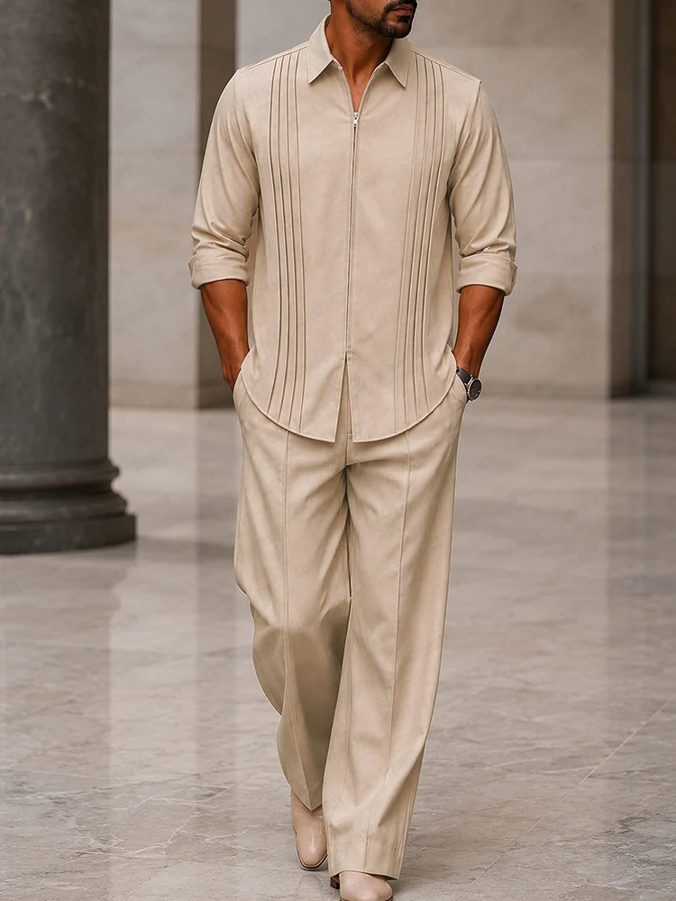 A stylish fashion model rocking a neutral Casual Front Pleated Zip-Up Shirt Pants Set from Coofandy, featuring sharp front pleats and a quarter-zip collar, highlighting an effortless men's Streetwear Style outfit for urban daily wear.