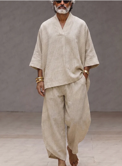 COOFANDY Men's Relaxed Modern Fit Pinstripe Matching Set | Summer Resort Outfit COOFANDY Mens Relaxed Modern Fit Pinstripe Matching Set in apricot for summer vacation and resort wear