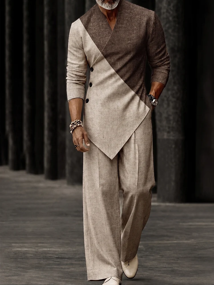 A fashion model wearing a brown Stylish Colorblock Asymmetrical Hem Matching Set from Coofandy, featuring a diagonal colorblock panel, slant placket, and asymmetrical hem, highlighting an upscale men's Streetwear Style outfit for urban daily wear.